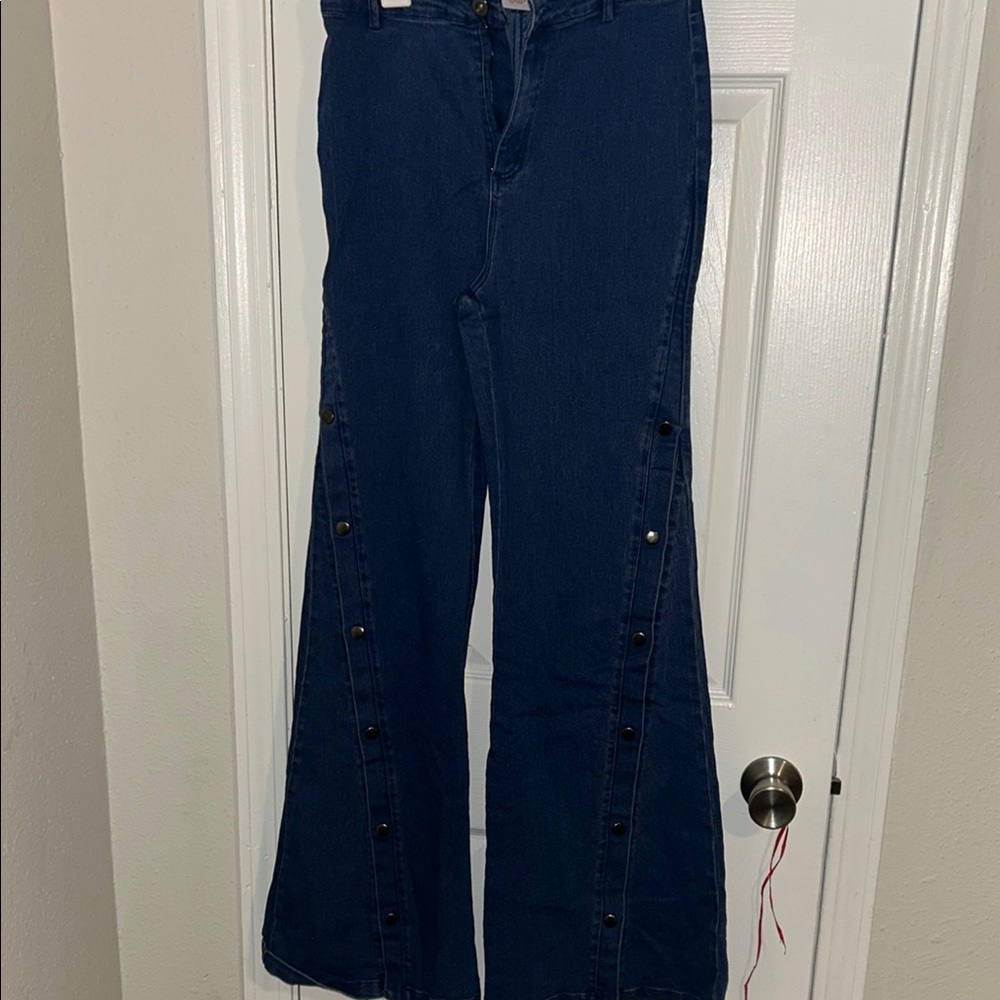 Blue Flared Jeans with Button Details